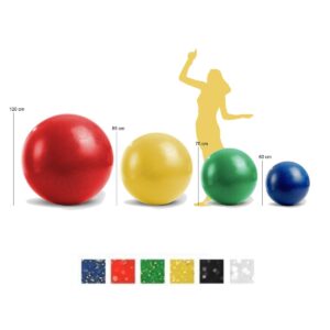 Boules d’équilibre disponibles en 4 tailles (60, 70, 85 et 120 cm) et en plusieurs couleurs.